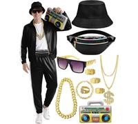 80s 90s Tracksuit Outfit, Men's Costume Jogging Suit Trousers Set, Inflatable Ghetto Blaster Bum Bag, Sunglasses, Hat, Necklace, Bracelet Ring, Hip Hop Sportswear, Carnival Theme Party