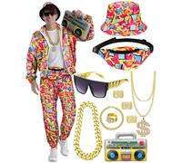 80s 90s Tracksuit Outfit, Men's Costume Jogging Suit Trousers Set, Inflatable Ghetto Blaster Bum Bag, Sunglasses, Hat, Necklace, Bracelet Ring, Hip Hop Sportswear, Carnival Theme Party