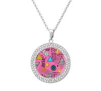 80s 90s Vintage Pattern Round Pendant Necklace Diamond Edging Brilliant Personalized Jewelry Gifts for Women Silver-style