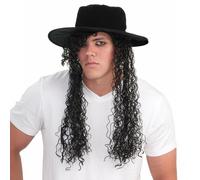 80's Adult Hat And Black Long Curly Costume Wig