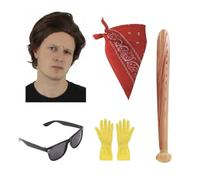 80s Adults Stranger Steve Accessory Set - 5-Piece Costume Brown Wig, Red Paisley Bandana, Black Sunglasses, Yellow Gloves & Inflatable Bat - Halloween & Retro Parties - Adults Fancy Dress Costume