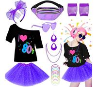 80s Costume Accessories for Women, 9pcs Retro Costume Set Includes Off Shoulder T-shirt Bag Necklace Headband Earrings Bracelet Fishnet Gloves Glasses Tutu Skirt for 80s Theme Party (Purple, L)