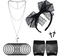 80s Costume Accessories Lace Headband Earrings Fishnet Gloves Necklace Bracelet, Black, 5 Pieces