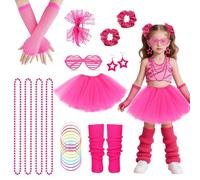 80s Costume Accessories Set for Girls, 21Pcs 1980s Fancy Dress Outfit with Tutu Skirt Fishnet Gloves Leg Warmers Bow Headband Necklace Bracelets Glasses, Neon Costume for Kids 80s Theme Party