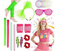 80s Costume Accessories Set for Women, 1980s Fancy Dress Costume Kit with Neon Necklace Headband Fishnet Gloves Glasses Bracelets Scrunchies Leg Warmers Earrings Hair Extensions for 80s Retro Party