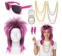 80s Costume Accessories Wig Set - Pink Rock Diva Mullet Wigs with Sunglasses Necklace Earrings and Silicone Bracelets, Retro Fancy Dress for Women Adults Cosplay Party