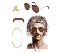 80s Costume Men's Outfit Men's Wigs Costume Set, 70s Outfit Men's - Wig Men, Pilot Glasses, Moustache, Gold Chain & Ring, Costumes for Theme Party, Carnival, Halloween