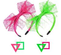 80s Earrings and Headband Set - 4pk, 80 Accessories for Halloween Costume | 80s Neon Earrings | 80s Lace Bow Hair Accessories | Retro 80s Outfit for Women Girls
