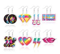 80s Earrings for Women 8 Pairs Retro Neon Drop Earrings Set Vintage 80s 90s Accessories Acrylic Disco Party Heart Cassette Guitar Cosplay Drop Dangle Earrings 90s Birthday Gifts Halloween Supplies