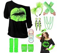 80s Fancy Costume For Women, Lip Print T-shirt, Leg Warmers, Necklace, Fishnet Gloves, Earrings, Neon Costumes Accessories for Retro Theme Party Cosplay