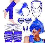 80s Fancy Dress Accessories Set, 1980s Retro Costume Kit with Bow Headband Leg Warmers Fishnet Gloves Earrings Necklace for Women Girls 80s Theme Party Hen Do Party Supplies (Dark Blue)