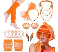 80s Fancy Dress Accessories Set, 1980s Retro Costume Kit with Bow Headband Leg Warmers Fishnet Gloves Earrings Necklace for Women Girls 80s Theme Party Hen Do Party Supplies (Orange)