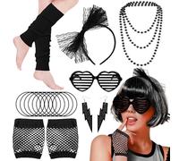 80s Fancy Dress Accessories Set, 1980s Retro Costume Kit with Bow Headband Leg Warmers Fishnet Gloves Earrings Necklace for Women Girls 80s Theme Party Hen Do Party Supplies (Black)