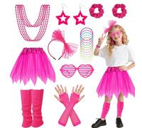 80s Fancy Dress for Kids - Neon 80s Costume Accessories Set for Girls, Retro Party Outfit with Tutu Skirt, Fishnet Gloves, Leg Warmers, Glasses, Bracelets, Earrings & Necklaces for 80 Disco Cosplay