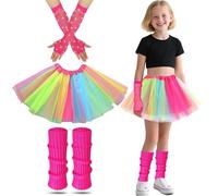 80s Fancy Dress for Kids Rockstar Costume, 80s Outfits Kids Neon Tutu Set Girls Leg Warmers Fishnets Gloves and Fancy Dress Tutu for 1980s Theme Party Disco Party Costume Carnival Gathering (Rainbow)