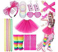 80s Fancy Dress for women,1980s Fancy Party Costume Accessories Neon Set, Tutu Skirt Rainbow Leg Warmers Neon Necklaces Bracelets Fishnet Gloves 80s Lace Bow Headband Tape Earrings Sunglasses