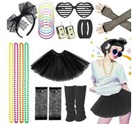 80s Fancy Dress for Women Girls, 1980s Party Black Costume Accessories Set Tutu Skirt Leg Warmers Fishnet Gloves Glasses Earrings Bracelet Necklace Headband, Retro Outfit for 80s Party, Dress up Day