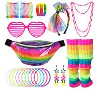 80s Fancy Dress for Women Girls, 1980s Party Costume Accessories Set Bumbag Leg Warmer Earrings Fishnet Gloves Necklace Eyeglasses Bracelet Headband, Retro Outfit for 80s Party/Dress up Day-Rainbow