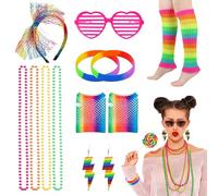 80s Fancy Dress for Women, Rainbow 1980s Accessories for Women Costume Accessories Set with Leg Warmer Necklace Bracelet Bow Headband Fishnet Gloves Earrings Hollow Glasses
