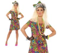 80s Fancy Dress Party Animal Ladies Costume Neon Rave Eighties Womens Outfit