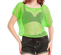 80s Fancy Fishnet Top for Women, Neon Mesh Top Off the Shoulder T-shirt 1980s Retro Theme Party Costume Accessories Cosplay