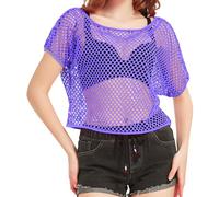 80s Fancy Fishnet Top for Women, Neon Mesh Top Off the Shoulder T-shirt 1980s Retro Theme Party Costume Accessories Cosplay