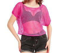 80s Fancy Fishnet Top for Women, Neon Mesh Top Off the Shoulder T-shirt 1980s Retro Theme Party Costume Accessories Cosplay