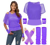 80s Fancy Fishnet Top for Women, Tank Top, Leg Warmers, Gloves, 1980s Costumes Neon Off Shoulder Mesh T-Shirt Accessories Retro Theme Party Cosplay Purple 3XL