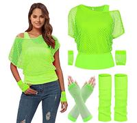 80s Fancy Fishnet Top for Women, Tank Top, Leg Warmers, Gloves, 1980s Costumes Neon Off Shoulder Mesh T-Shirt Accessories Retro Theme Party Cosplay