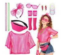 80s Fancy Party Costume Accessories Set, 1980s Neon Outfits with Green fishnet T-shirt Headband Fishnet Sleeves Leg Warmers Glasses Earrings Waist bag Bracelet Necklace for Cosplay Retro Theme Party