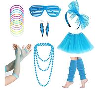 80s Fancy Party Costume Accessories Set,Adult Tutu Leg Warmers Fishnet Pink Gloves Neon Necklaces Bead 80s Lace Bow Headband Lighting Earrings Sunglasses,1980s Fancy Dress Women Night Out Party