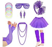 80s Fancy Party Costume Accessories Set,Adult Tutu Leg Warmers Fishnet Pink Gloves Neon Necklaces Bead 80s Lace Bow Headband Lighting Earrings Sunglasses,1980s Fancy Dress Women Night Out Party