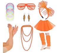 80s Fancy Party Costume Accessories Set,Adult Tutu Leg Warmers Fishnet Pink Gloves Neon Necklaces Bead 80s Lace Bow Headband Lighting Earrings Sunglasses,1980s Fancy Dress Women Night Out Party