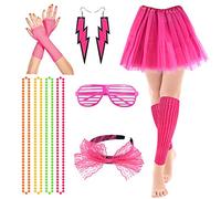 80s Fancy Party Costume Accessories Set,Adult Tutu Leg Warmers Fishnet Pink Gloves Neon Necklaces Bead 80s Lace Bow Headband Lighting Earrings Sunglasses,1980s Fancy Dress Women Night Out Party