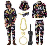 80s Hip Hop Outfit for Adults, Retro Sportswear Jacket & Pants Set Includes Hat, Glasses, Necklace, Dollar Ring, Bracelet, Inflatable Phone, Perfect for 80s Themed Party, Halloween, Carnival