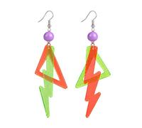 80s Lightning Bolt Earrings - Neon Pink/Yellow Acrylic Dangle 2-Pk | Purple bead accents, silver-tone hooks, translucent cutouts, one size, cosplay party wear, women costume accessory