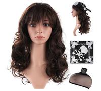 80s Long Curly Dark Brown Wig, Brown Mullet Style with Bandana, Punk Rock Metal Costume Wig for Halloween, Cosplay, Themed Parties