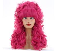 80s Long Curly Hot Pink Cosplay Wig with Bangs 60s 70s 80s Queen Disco Beehive Wig for Women Halloween Cosplay Costume Wig