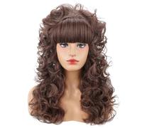 80s Long Curly Mix Brown Cosplay Wig with Bangs 60s 70s 80s Queen Disco Beehive Wig for Women Halloween Cosplay Costume Wig