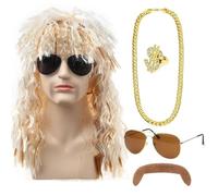 80s Mullet Wigs for Men, Long Disco Curly Wigs, 5 Piece Set Hippies Men Mullet Curly Long Hair - 80s Outfits for Men, Singer, Rapper, Rocker, Complete with Br