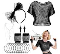 80s Neon Costume Accessories for Women, 1980s Costumes Fancy Dress Set with Fishnet Top Lace Headband Cross Necklace Earrings Mesh Gloves Bracelet for 80s 90s Theme Hen Do Party Girls Night (Black)