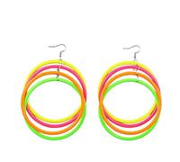 80s Neon Dangle Earrings Oversized Acrylic Hoop Vacation Jewelry for Women | Statement multi-ring dangles in vivid color-block shades, featherlight build delivers head-turning festival costume flair