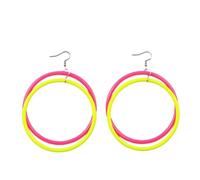 80s Neon Dangle Earrings Oversized Acrylic Hoop Vacation Jewelry for Women | Statement multi-ring dangles in vivid color-block shades, featherlight build delivers head-turning festival costume flair
