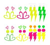 80s Neon Earrings for Women,Acrylic Lightning Bolt Drop Dangle 80s earrings,Retro Geometric Thunder & Neon Heart Hoop earrings for 80s jewelry(8 Pair)