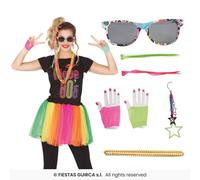 80s Neon Kit Ladies Retro Disco Fancy Dress Costume Kit Wild Child 8 Piece Set
