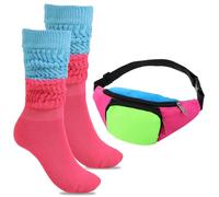 80s Neon Rave Fanny Pack with Color Blocked Pile Socks, Retro Belt Bag Waist Packs for Women Men, 80s Accessories Plus Size Belt Bag for Traveling Party Costume Holiday Festival Theme Party