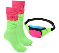 80s Neon Rave Fanny Pack with Color Blocked Pile Socks, Retro Belt Bag Waist Packs for Women Men, 80s Accessories Plus Size Belt Bag for Traveling Party Costume Holiday Festival Theme Party