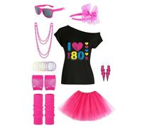 80s Outfit for Women Off Shoulder Top Vintage Retro Outfit Accessories Set | Tutu Skirt Accessories Set Headband Necklace Bracelets Halloween Dress Up
