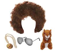 80's Painter Accessory Set - Brown Afro Wig, Gold Chain, Squirrel Plush Toy, and Aviator Glasses - Perfect for Fancy Dress Painter's Party, Icon Dress Up and Other Fancy Dress Events