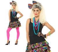 80's Party Girl Skirt Headpiece Necklace Groovy Fancy Dress Kit New S-L